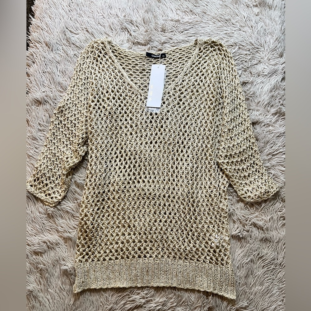 Women's Cream and Gold Metallic Knit Sweater